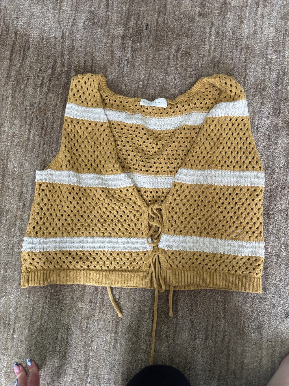 By Together Mustard and Cream Crochet Tie-Front V-Neck Sweater Vest